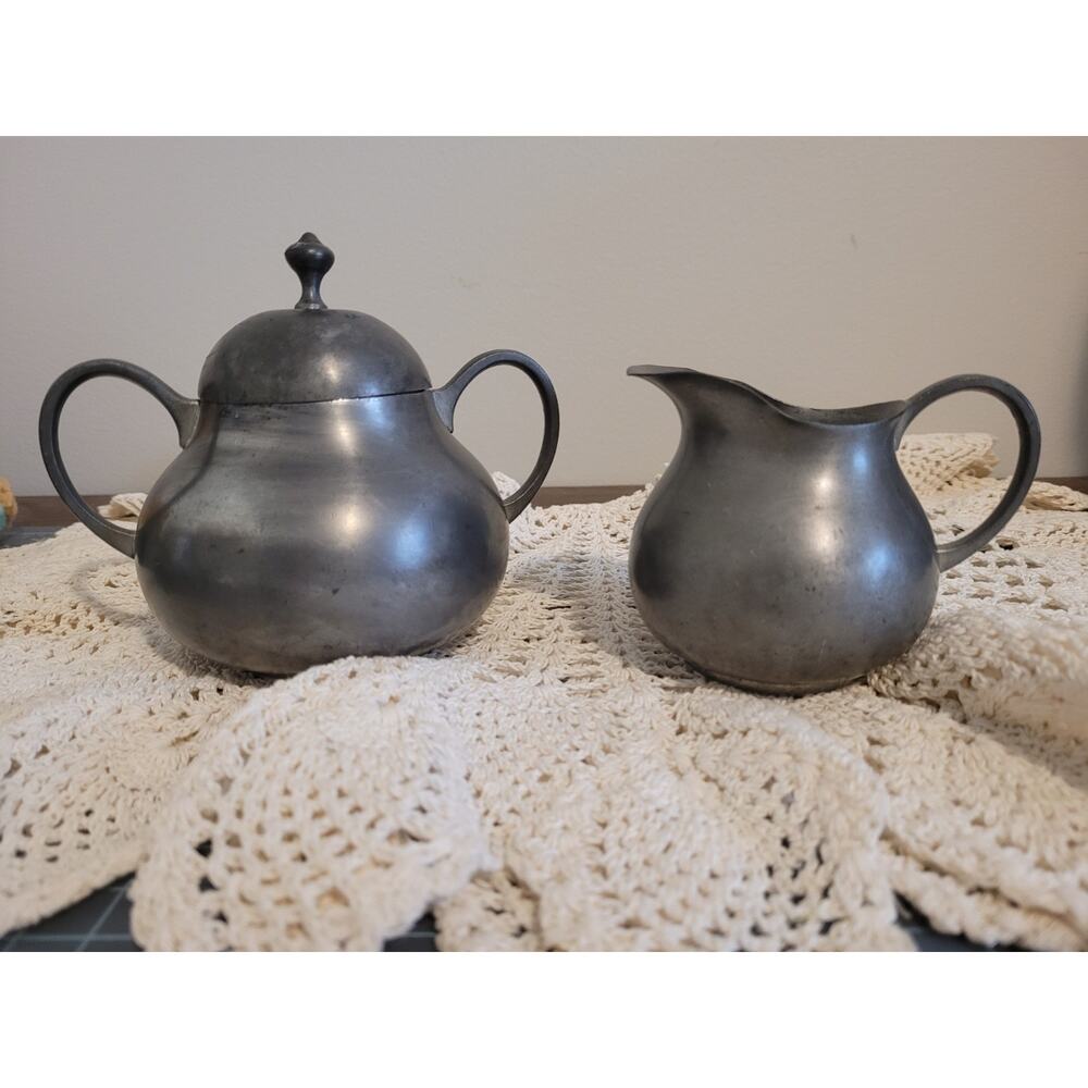 Royal Holland Pewter Lidded Sugar Bowl & Creamer Set Vintage 1950s